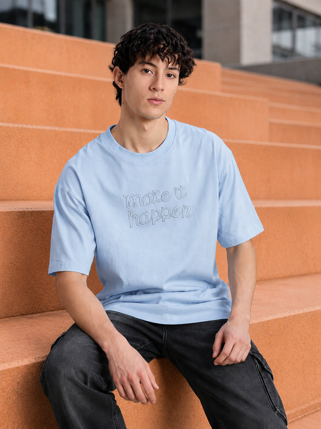 Light Blue Typographic Embroidered Oversized T-Shirt for Men - Image 1