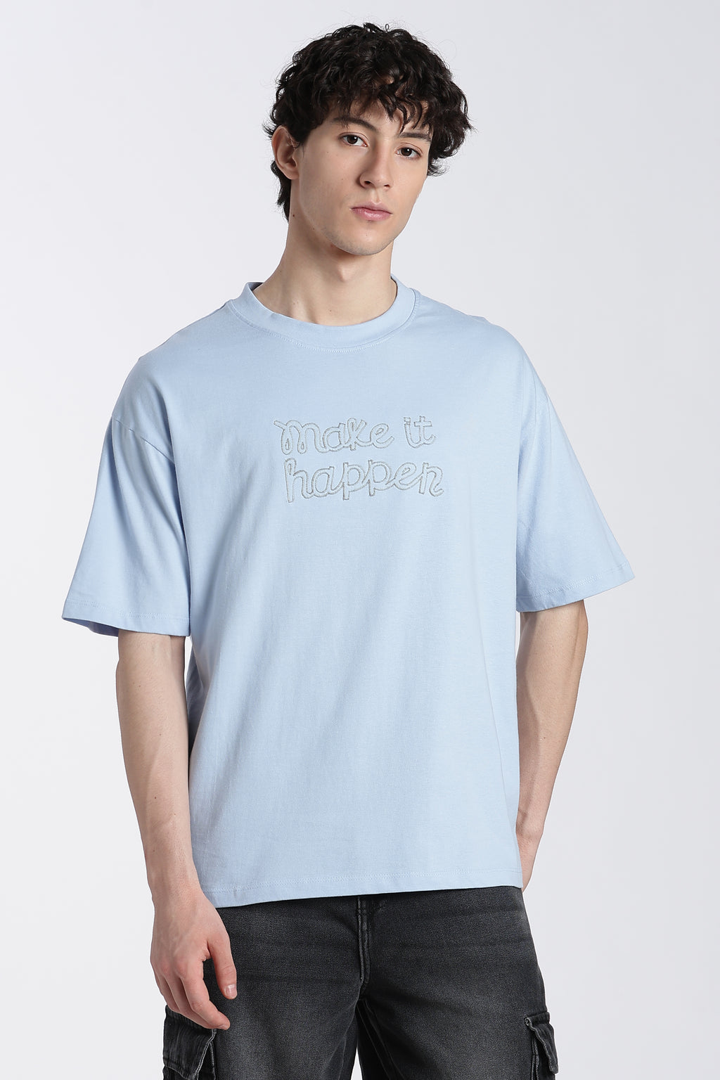 Light Blue Typographic Embroidered Oversized T-Shirt for Men - Image 2