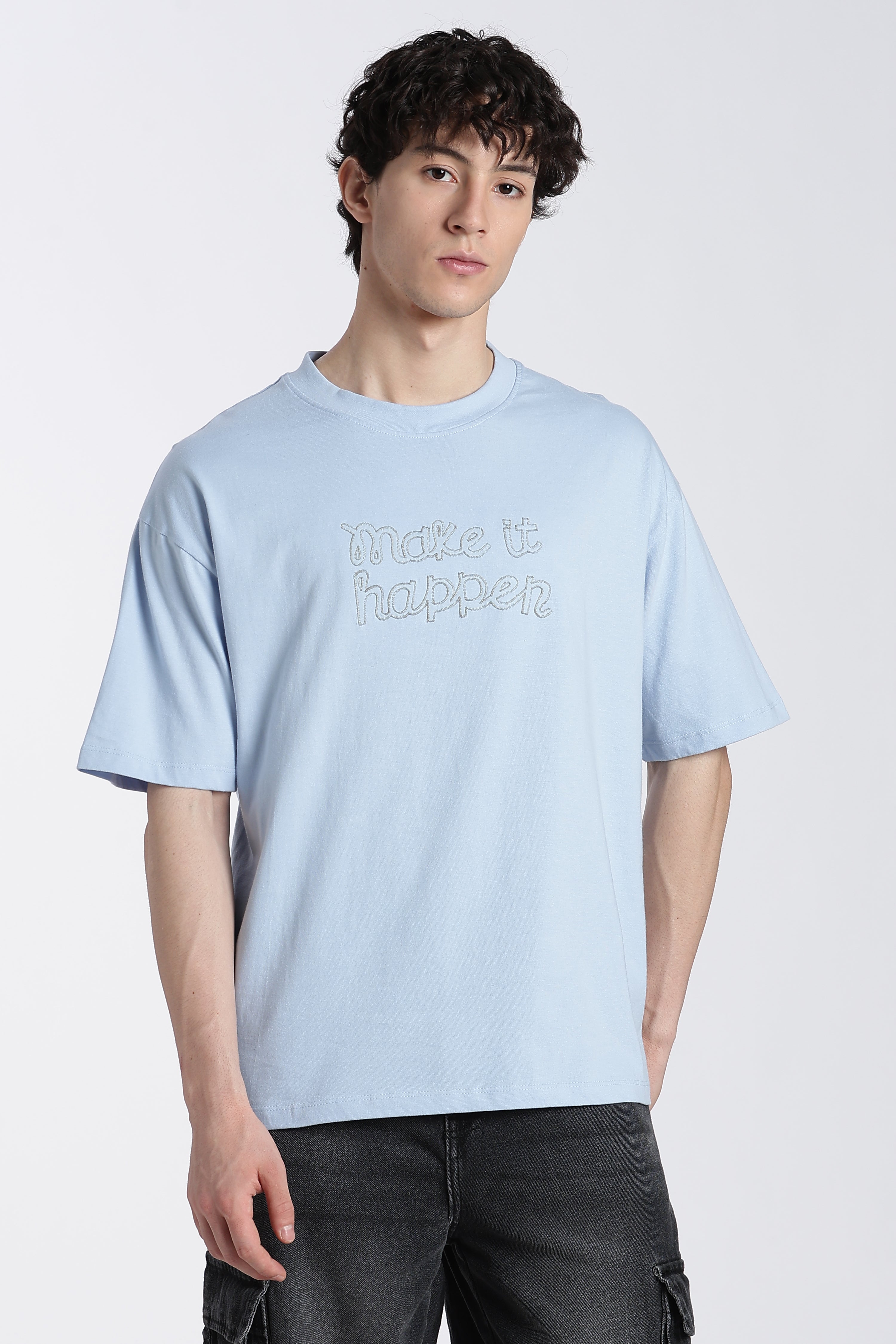 Light Blue Typographic Embroidered Oversized T-Shirt for Men - Image 2