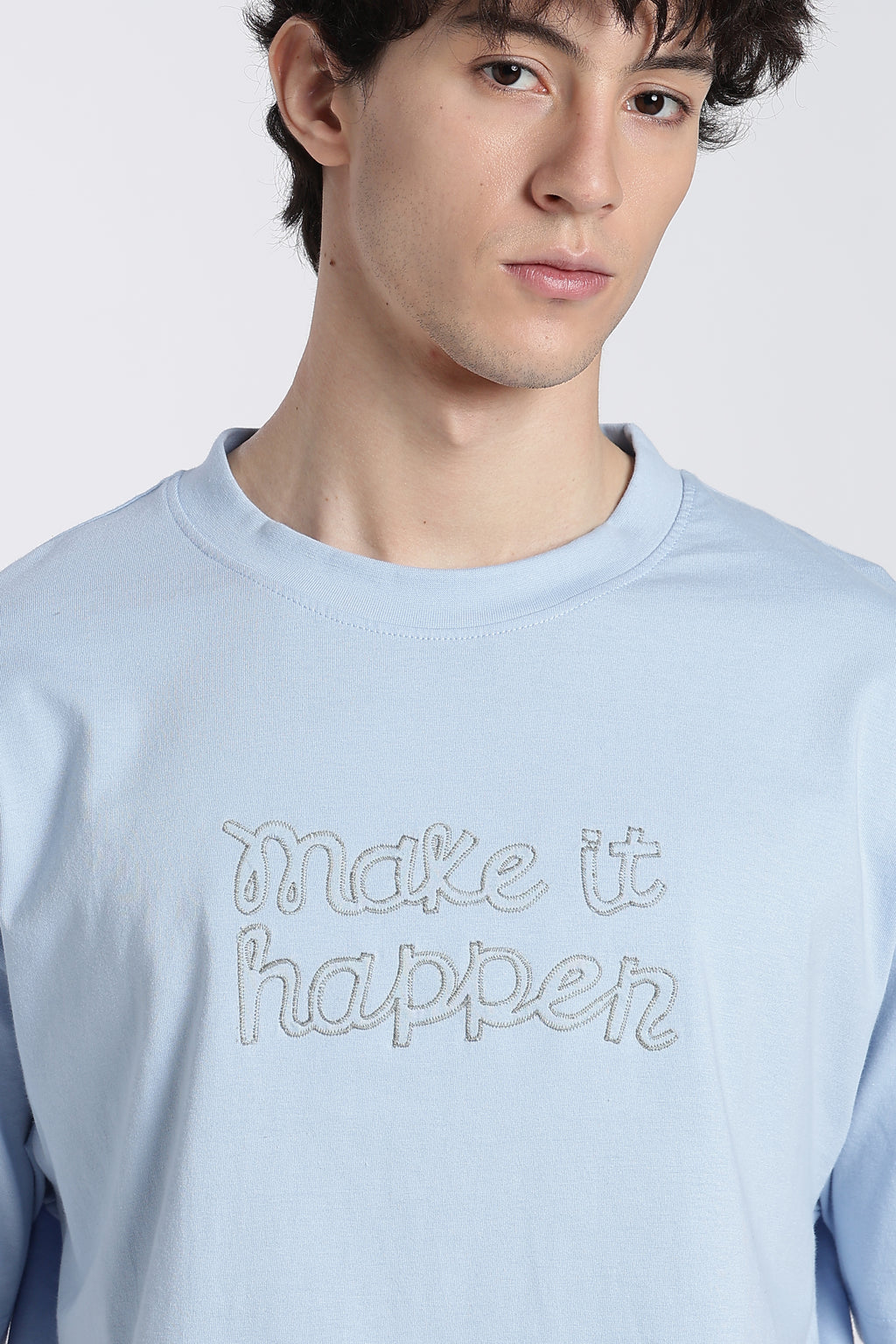 Light Blue Typographic Embroidered Oversized T-Shirt for Men - Image 3