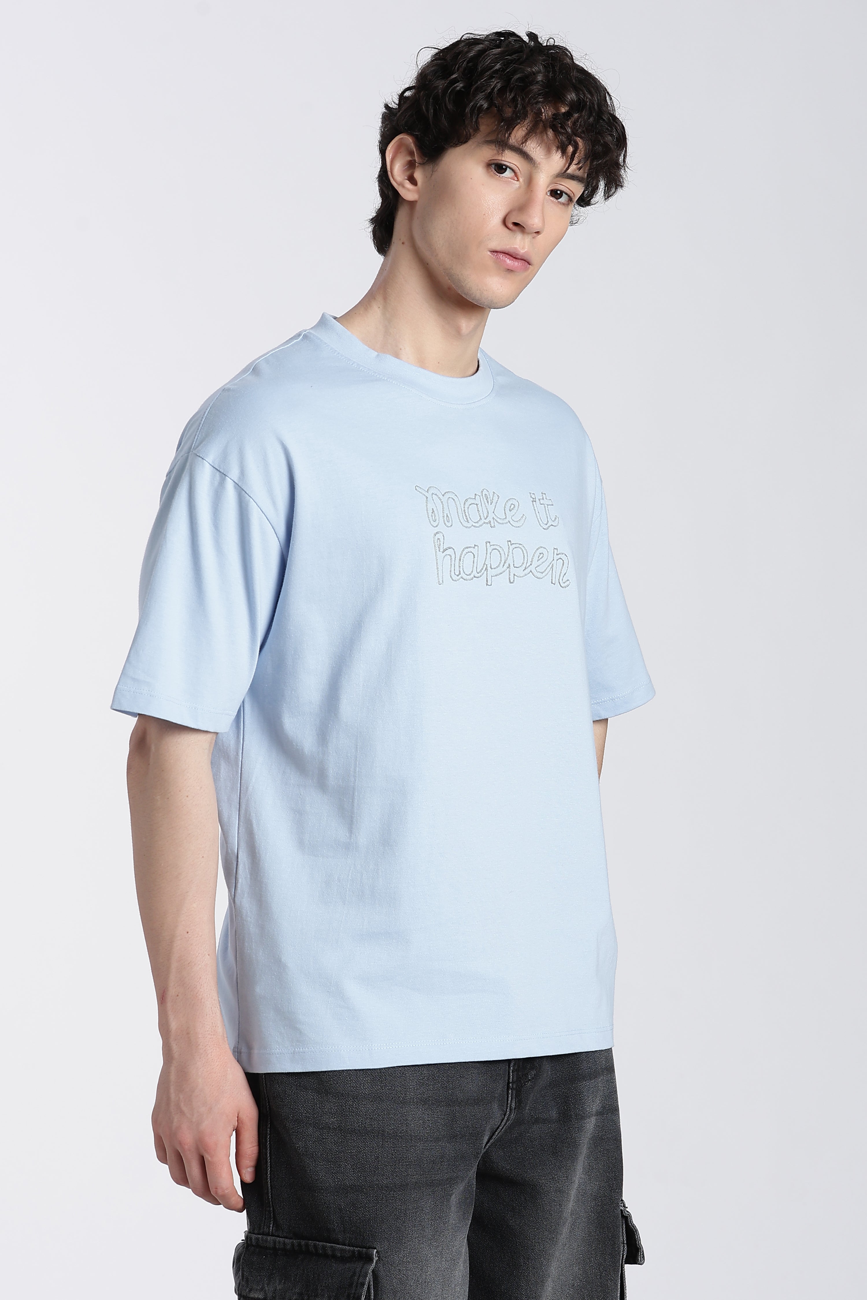 Light Blue Typographic Embroidered Oversized T-Shirt for Men - Image 4