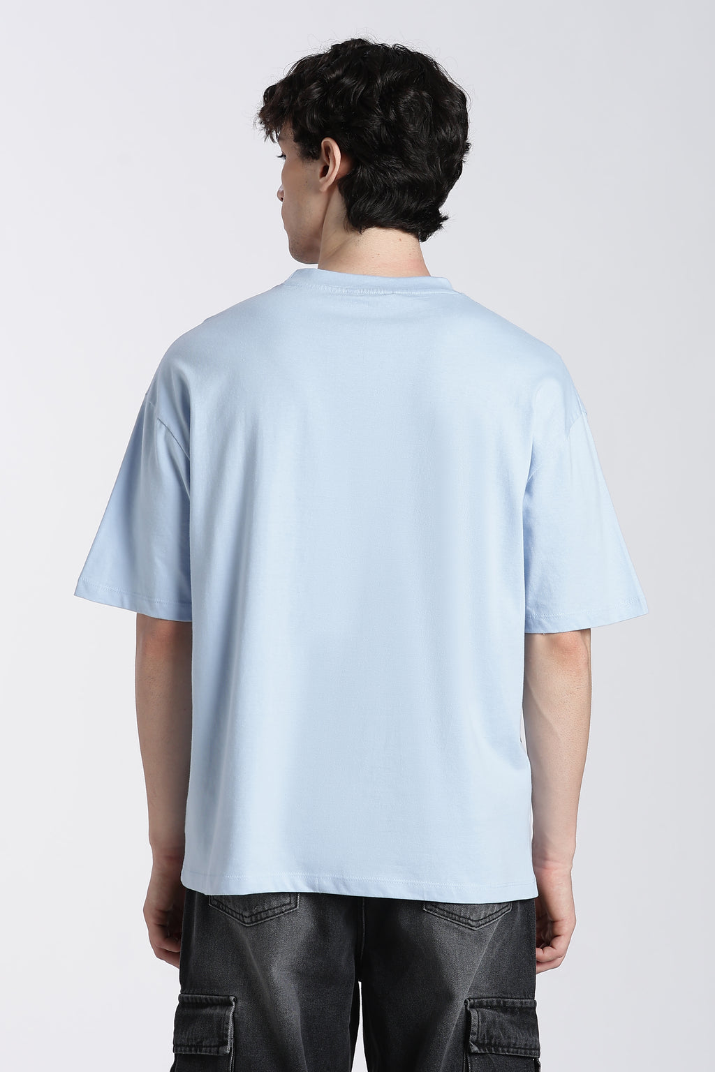 Light Blue Typographic Embroidered Oversized T-Shirt for Men - Image 5