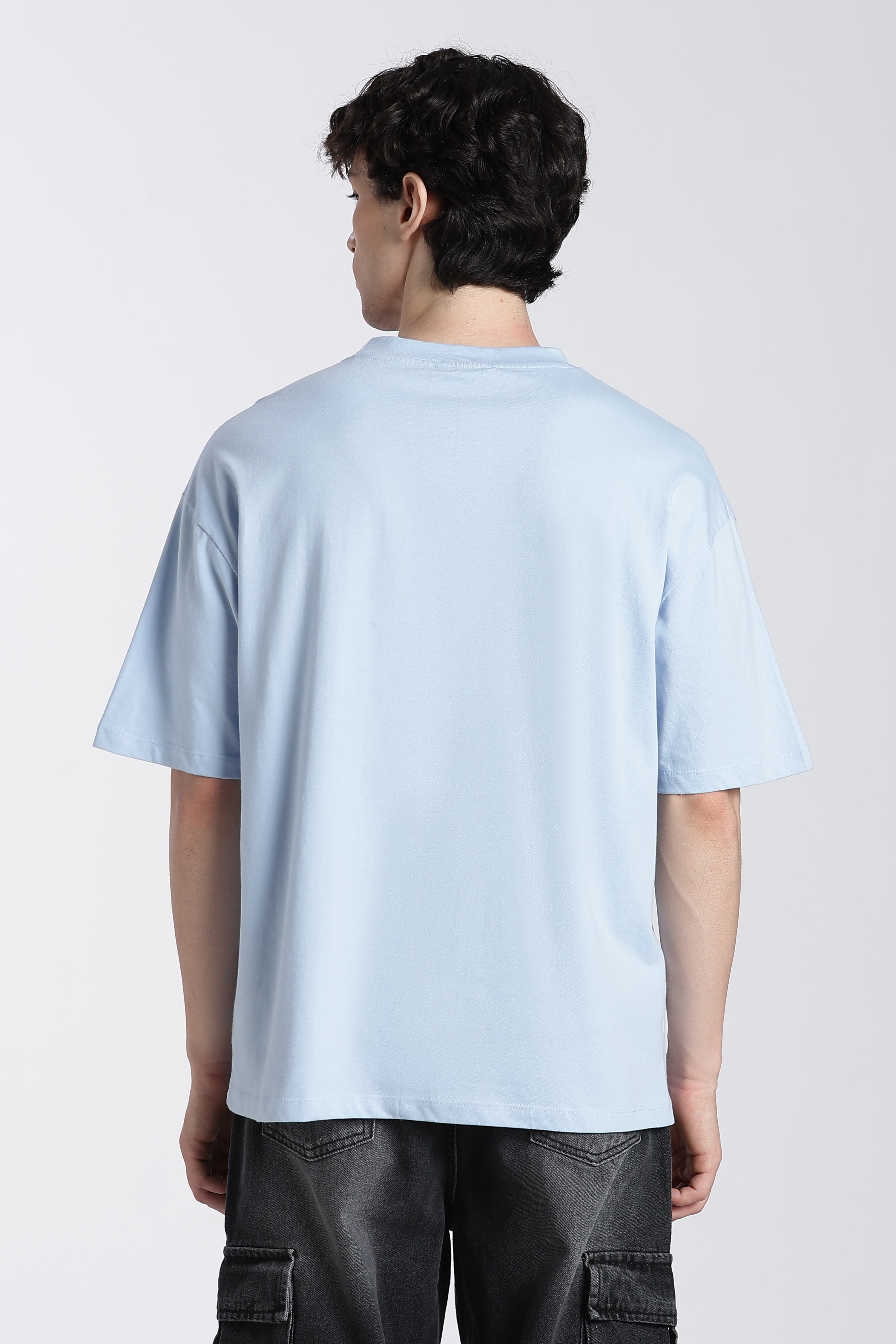 Light Blue Typographic Embroidered Oversized T-Shirt for Men - Image 5