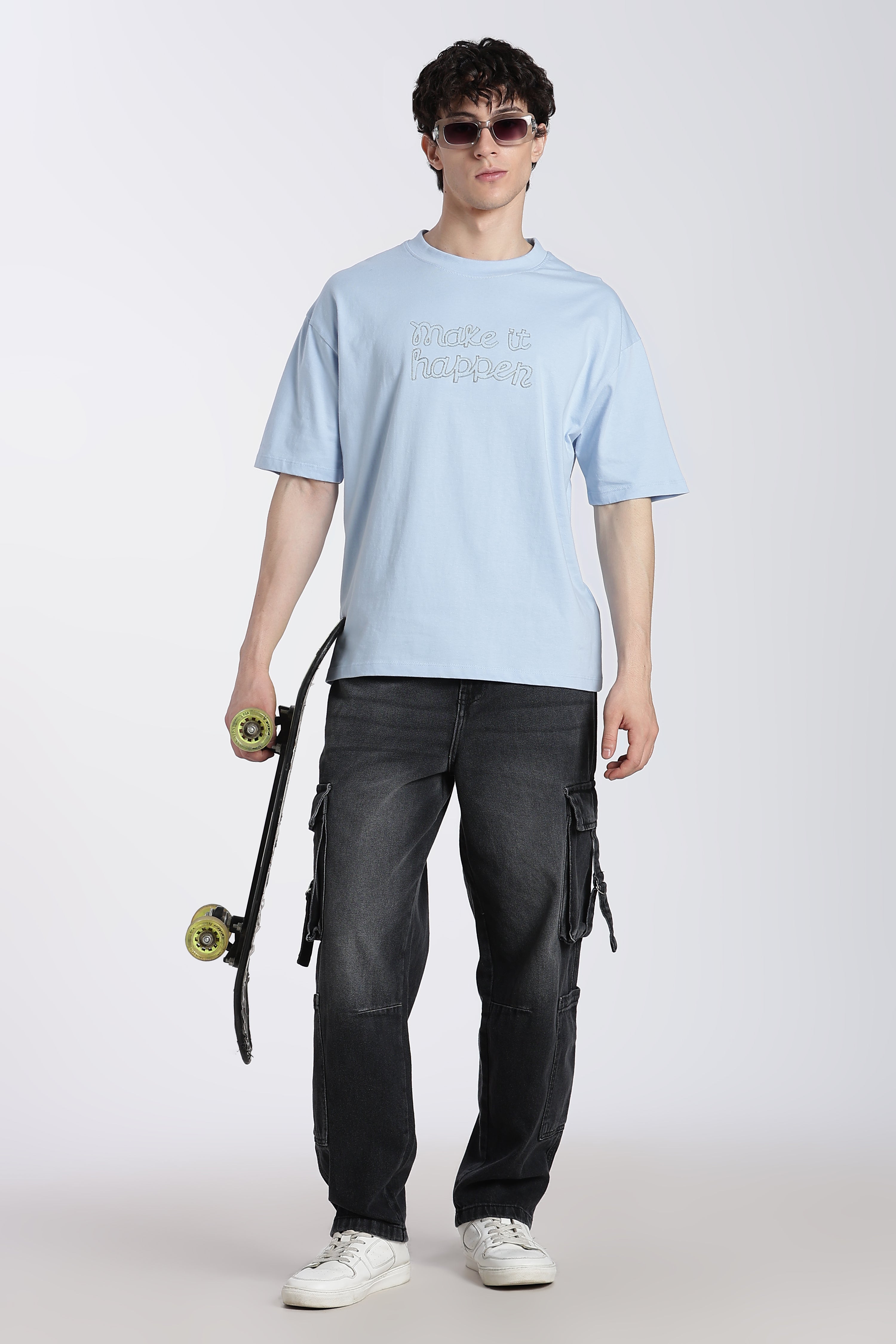 Light Blue Typographic Embroidered Oversized T-Shirt for Men - Image 6
