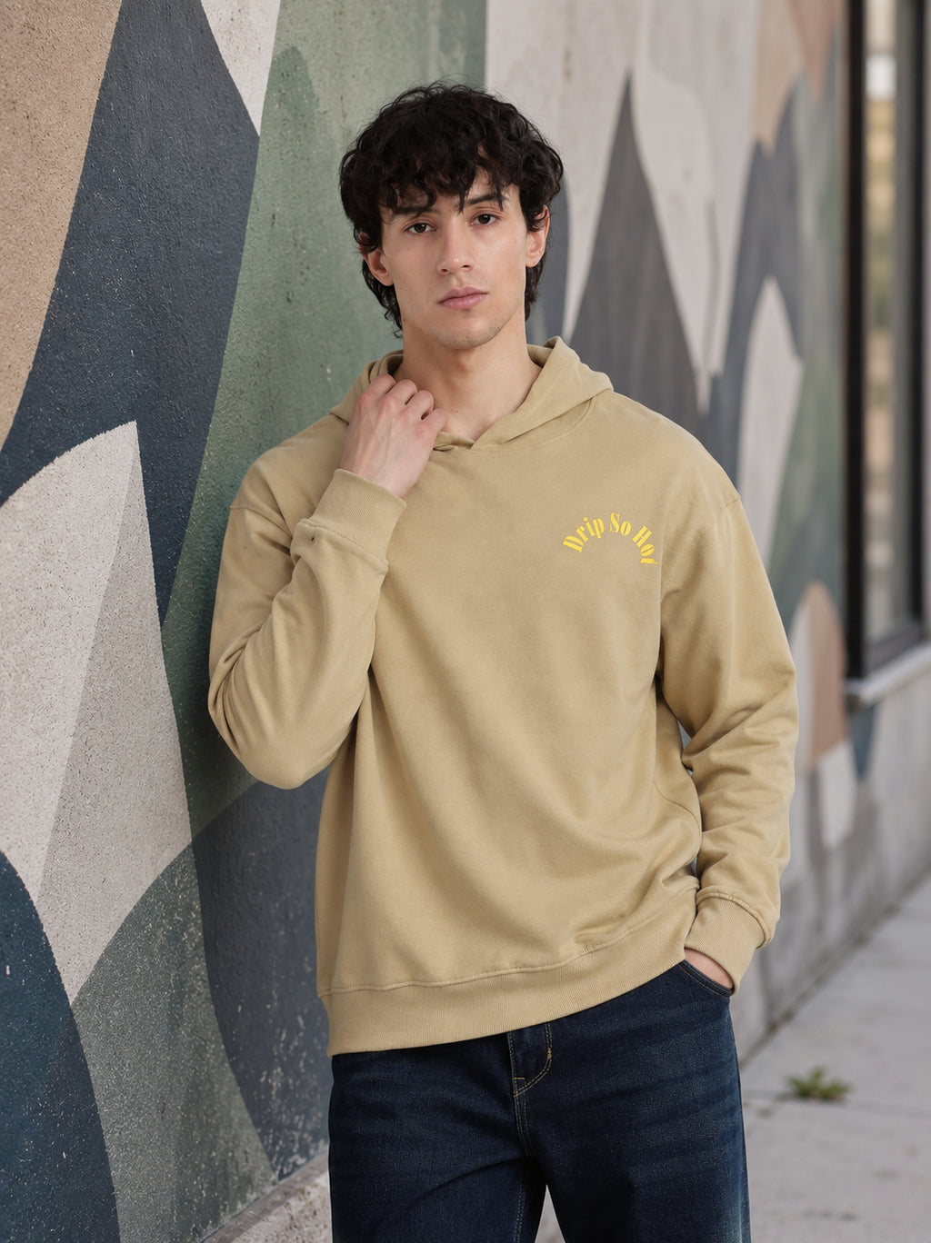Beige Drop Shoulder Sleeves Relaxed Fit Sweatshirt for Men - Image 1