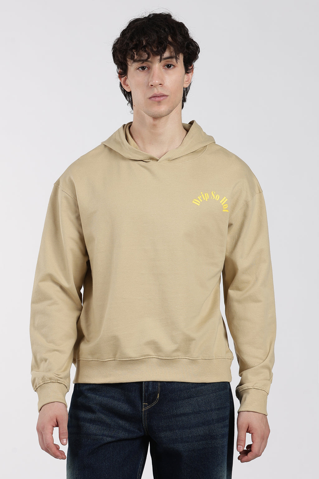 Beige Drop Shoulder Sleeves Relaxed Fit Sweatshirt for Men - Image 2