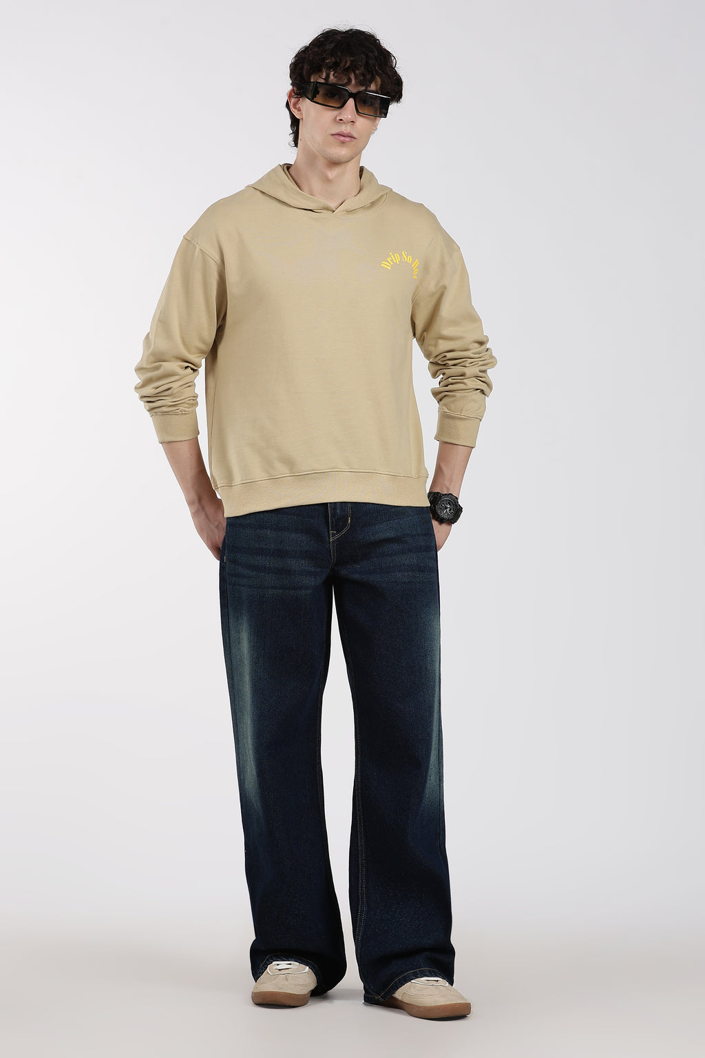 Beige Drop Shoulder Sleeves Relaxed Fit Sweatshirt for Men - Image 6
