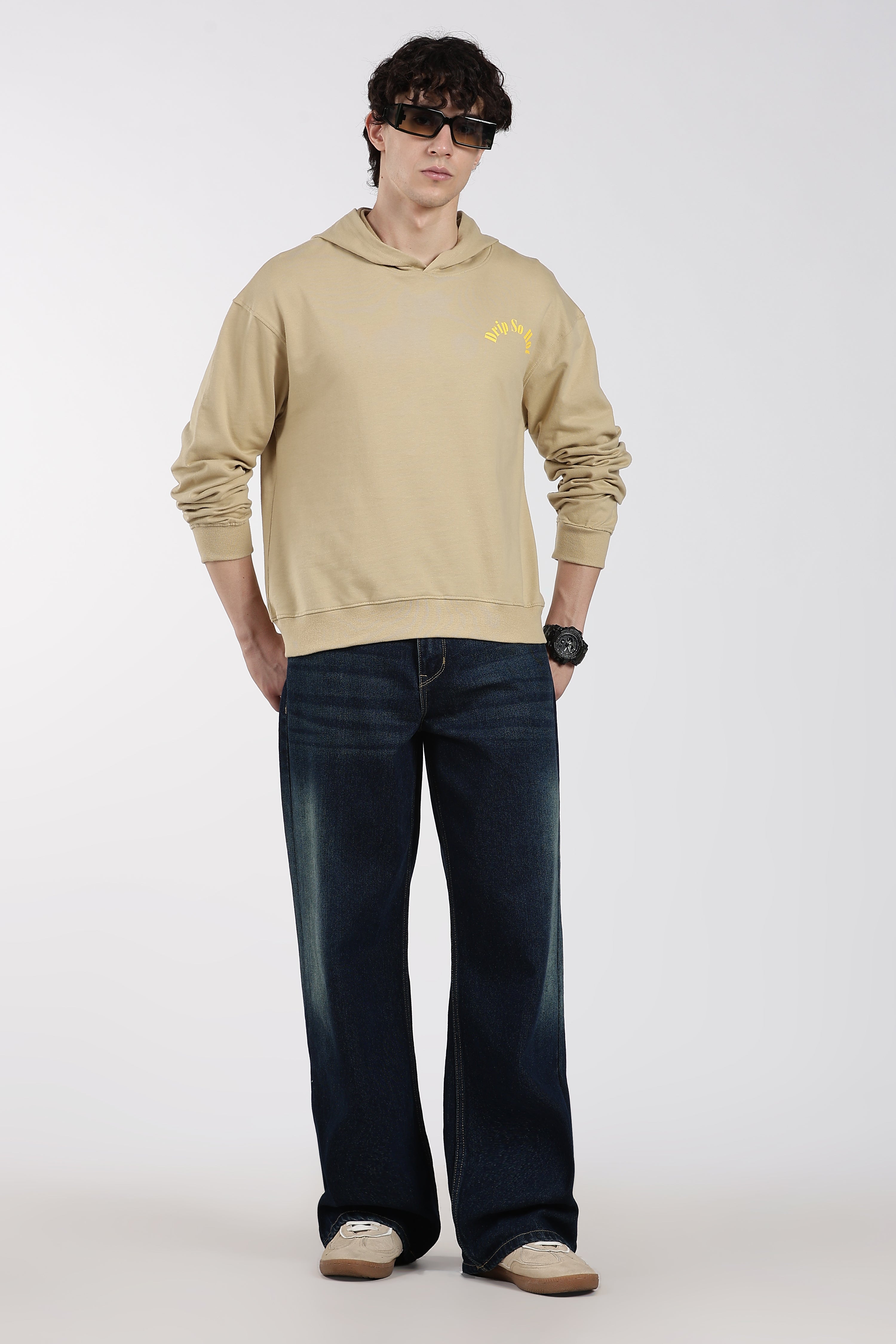 Beige Drop Shoulder Sleeves Relaxed Fit Sweatshirt for Men - Image 6
