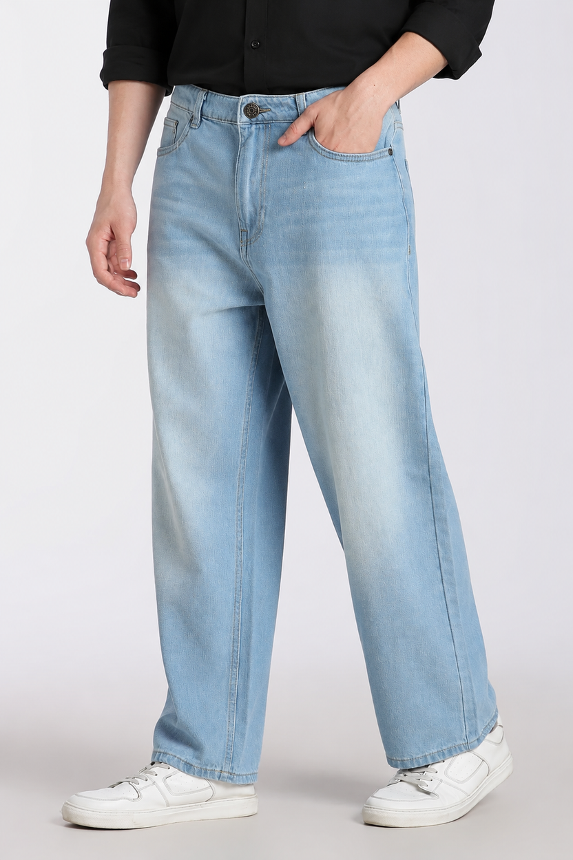 Light Blue 5 Pocketed Boxy Fit Jeans for Men - Image 4