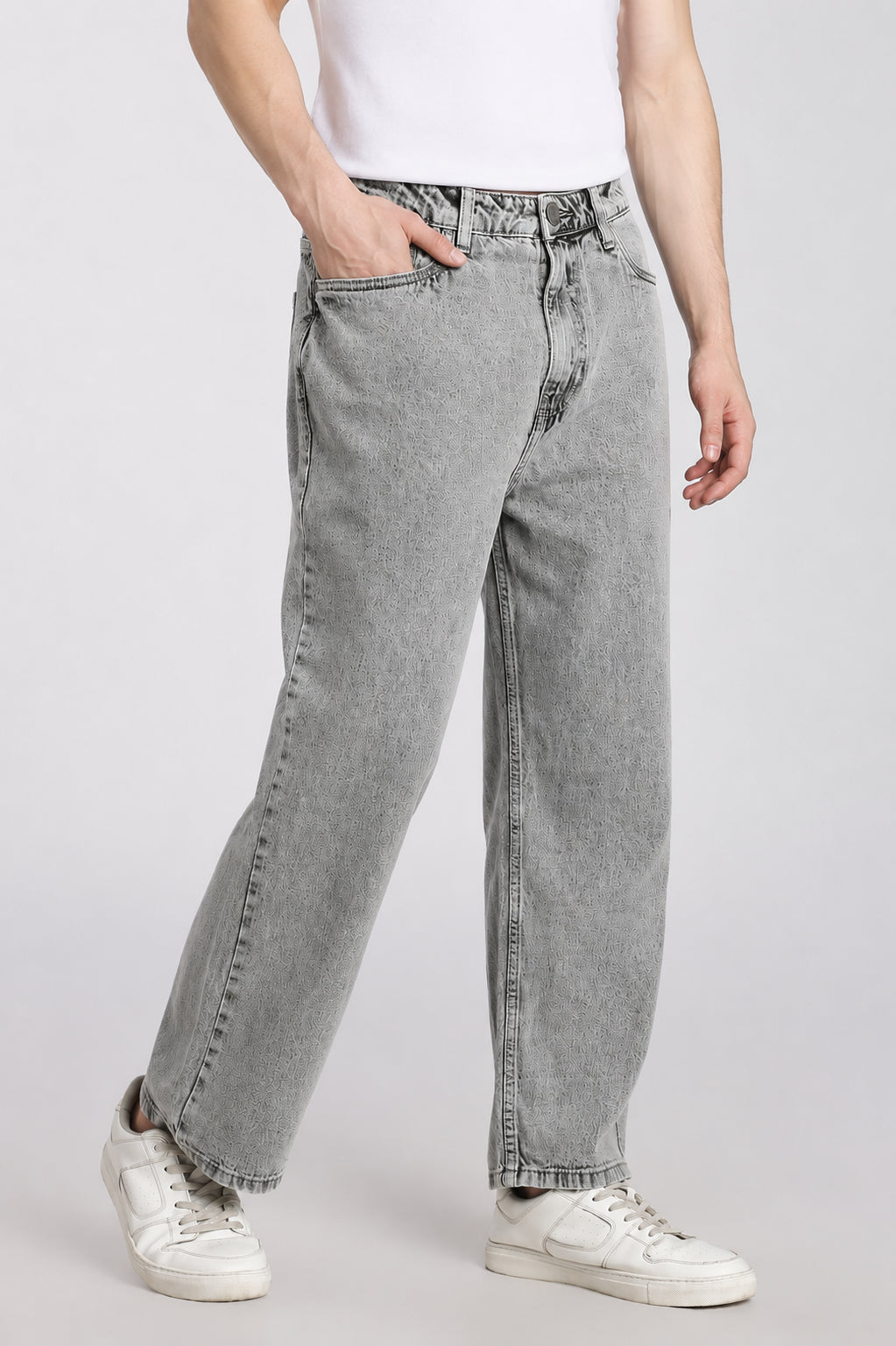Light Grey 5 Pocketed Boxy Fit Jeans for Men - Image 4
