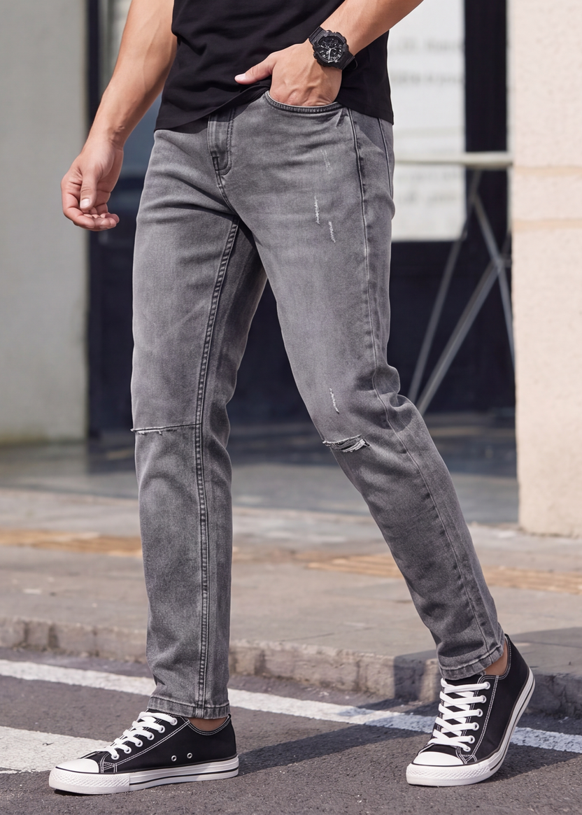 Charcoal Solid Carrot Fit Jeans For Men - Image 1