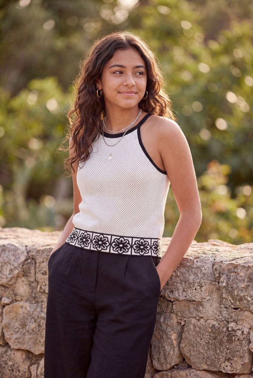 White Self Design Regular Fit Top For Tweens Girls - Image 1