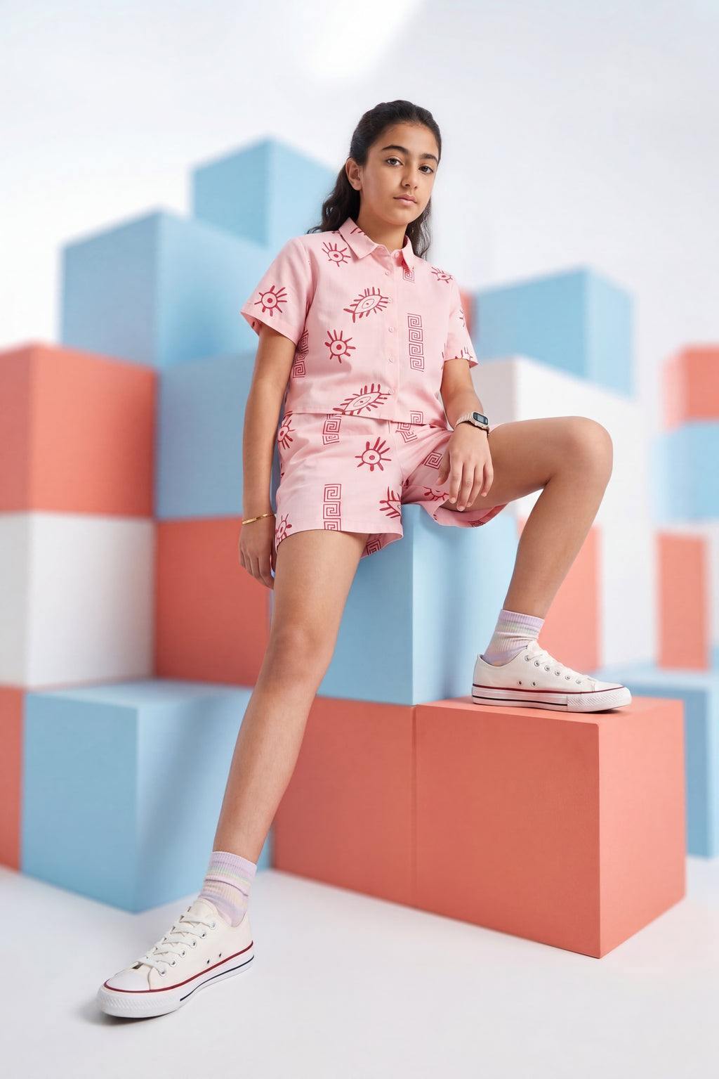 Pink Evil Eye All - Over Printed Regular Fit Co-ord Set for Tweens Girls - Image 1