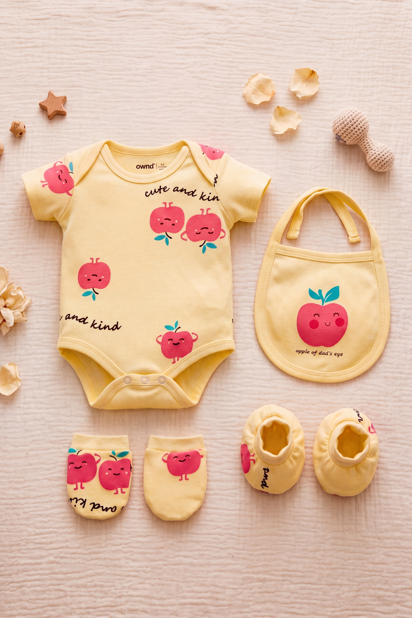 Yellow Apple Graphic Printed Regular Fit Gift Set for Infant Girls - Image 1