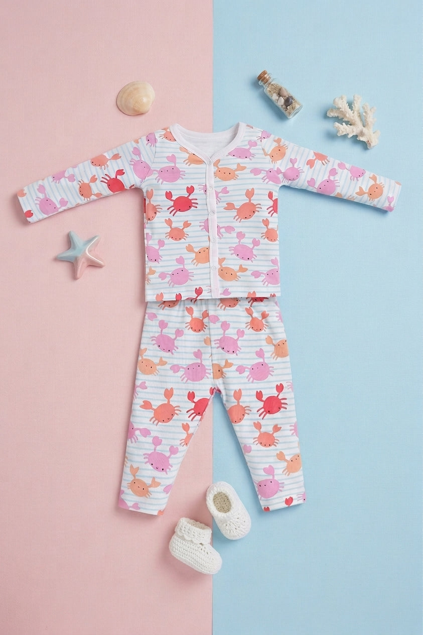 Multi-coloured Crabs Printed Regular Fit Co-ord Set for Infant Girls - Image 1