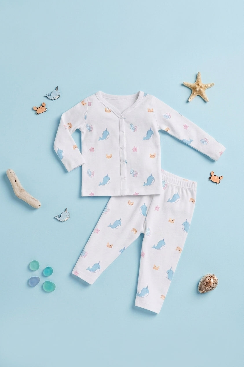 White Fish Printed Regular Fit Co-ord Set for Infant Girls - Image 1