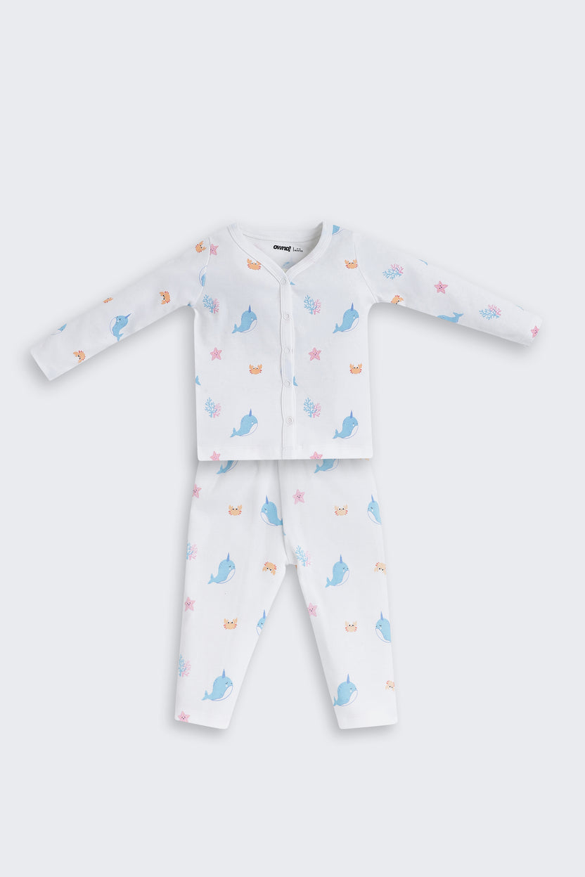 White Fish Printed Regular Fit Co-ord Set for Infant Girls - Image 2