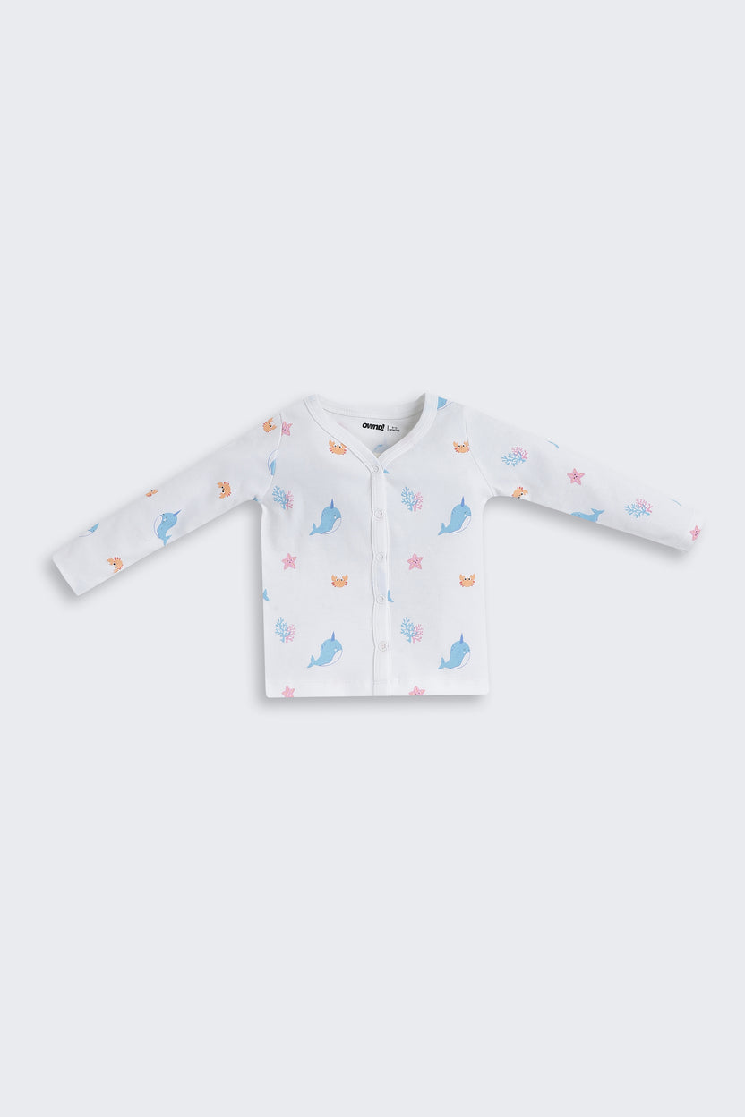 White Fish Printed Regular Fit Co-ord Set for Infant Girls - Image 3