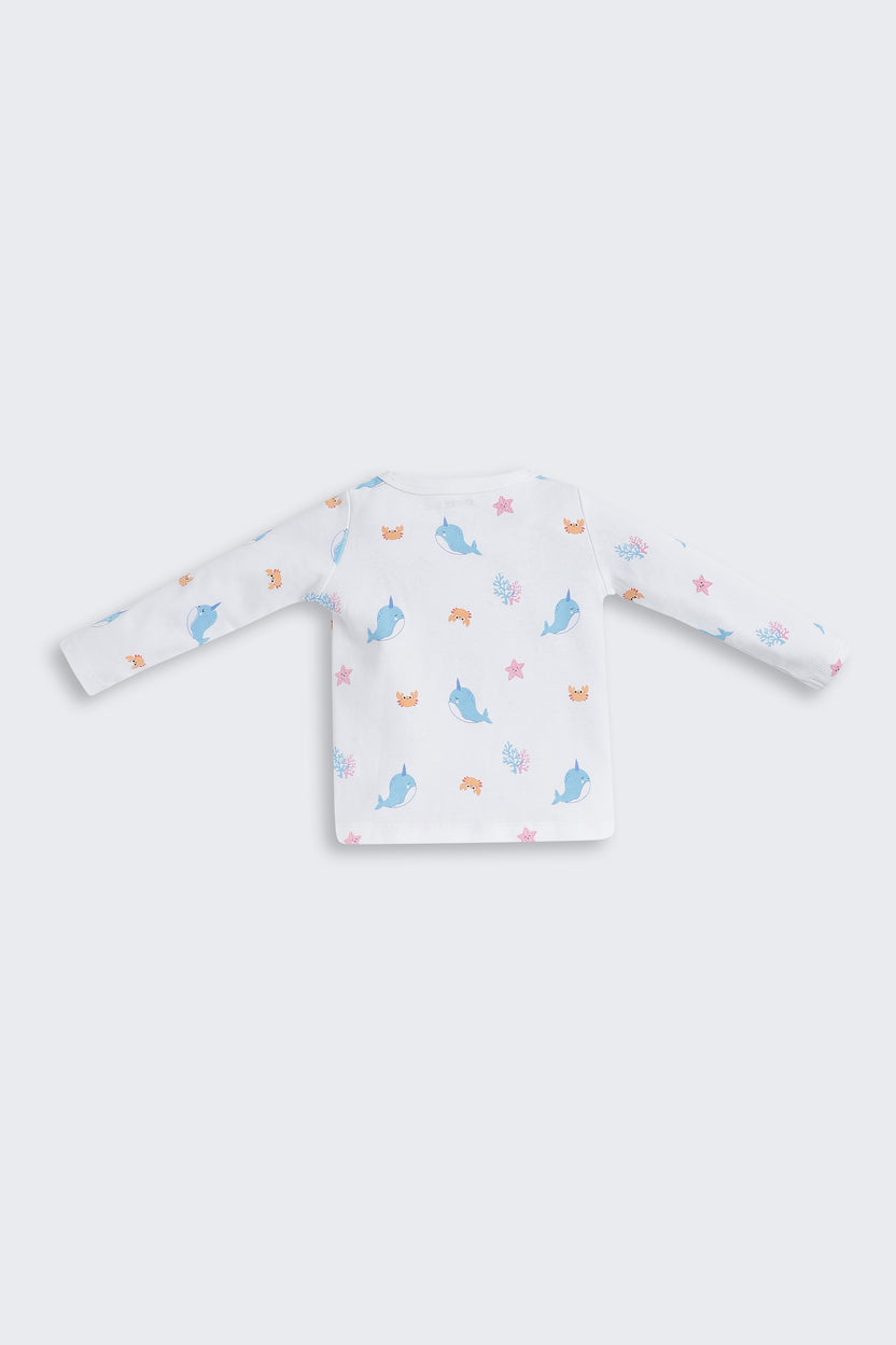 White Fish Printed Regular Fit Co-ord Set for Infant Girls - Image 4