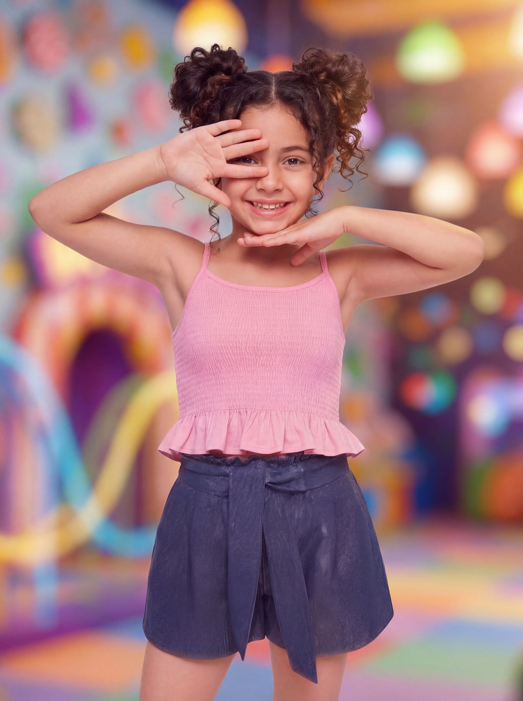 Pink Shirred Regular Fit Tops for Girls - Image 1