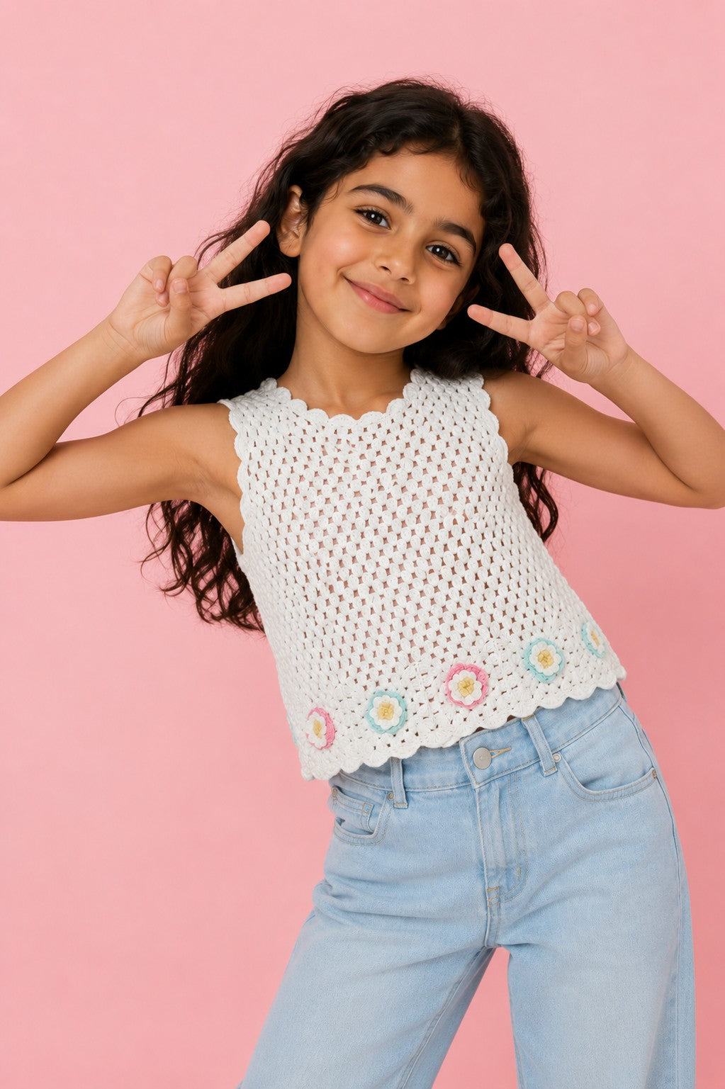 Off White Self Design Regular Fit Top for Girls - Image 1