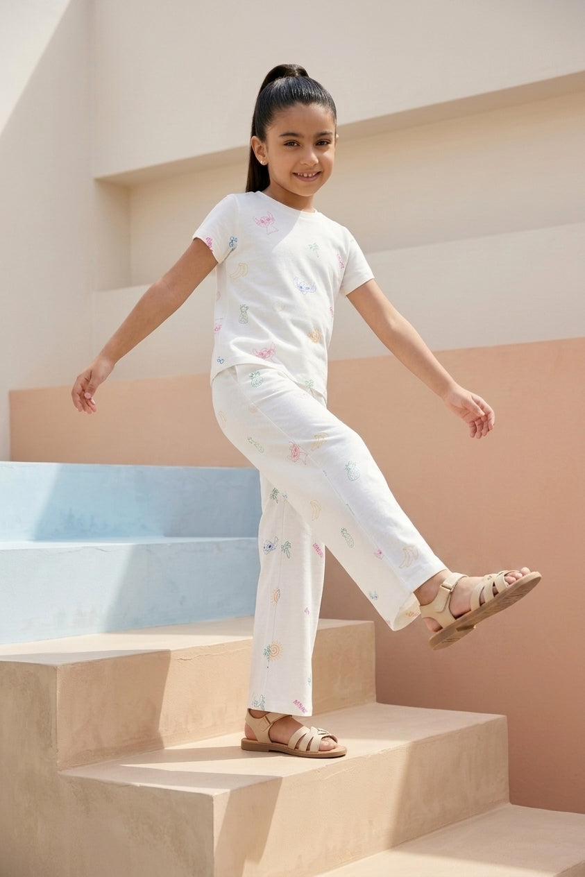 Off White Graphic Printed Regular Fit Night Suit for Girls - Image 1