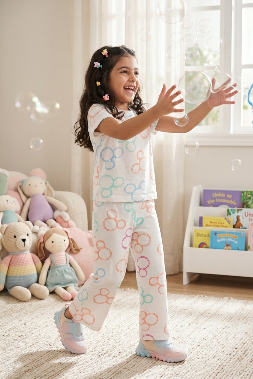 White Micky Mouse Printed Regular Fit Night Suits For Girls - Image 1