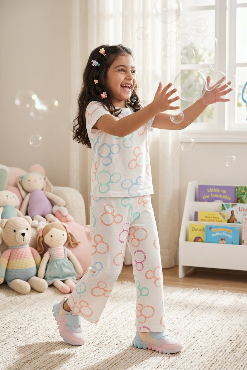 White Micky Mouse Printed Regular Fit Night Suits for Girls - Image 1