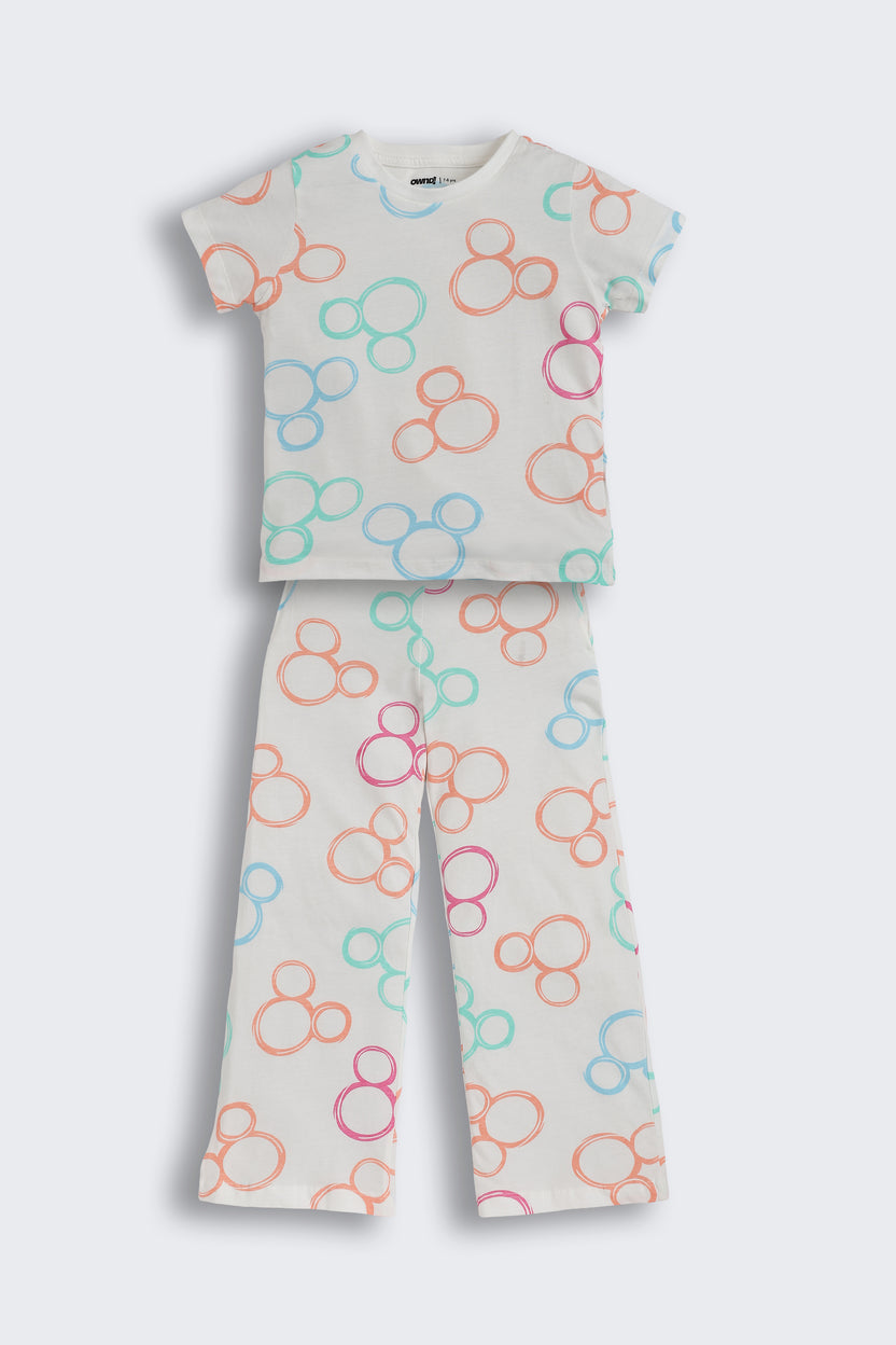 White Micky Mouse Printed Regular Fit Night Suits for Girls - Image 2