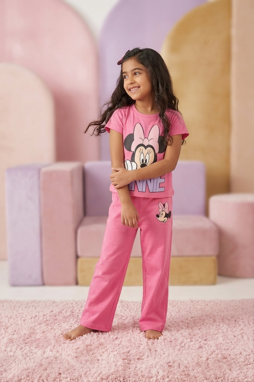 Pink Minnie Mouse Graphic Printed Regular Fit Night Suit for Girls - Image 1