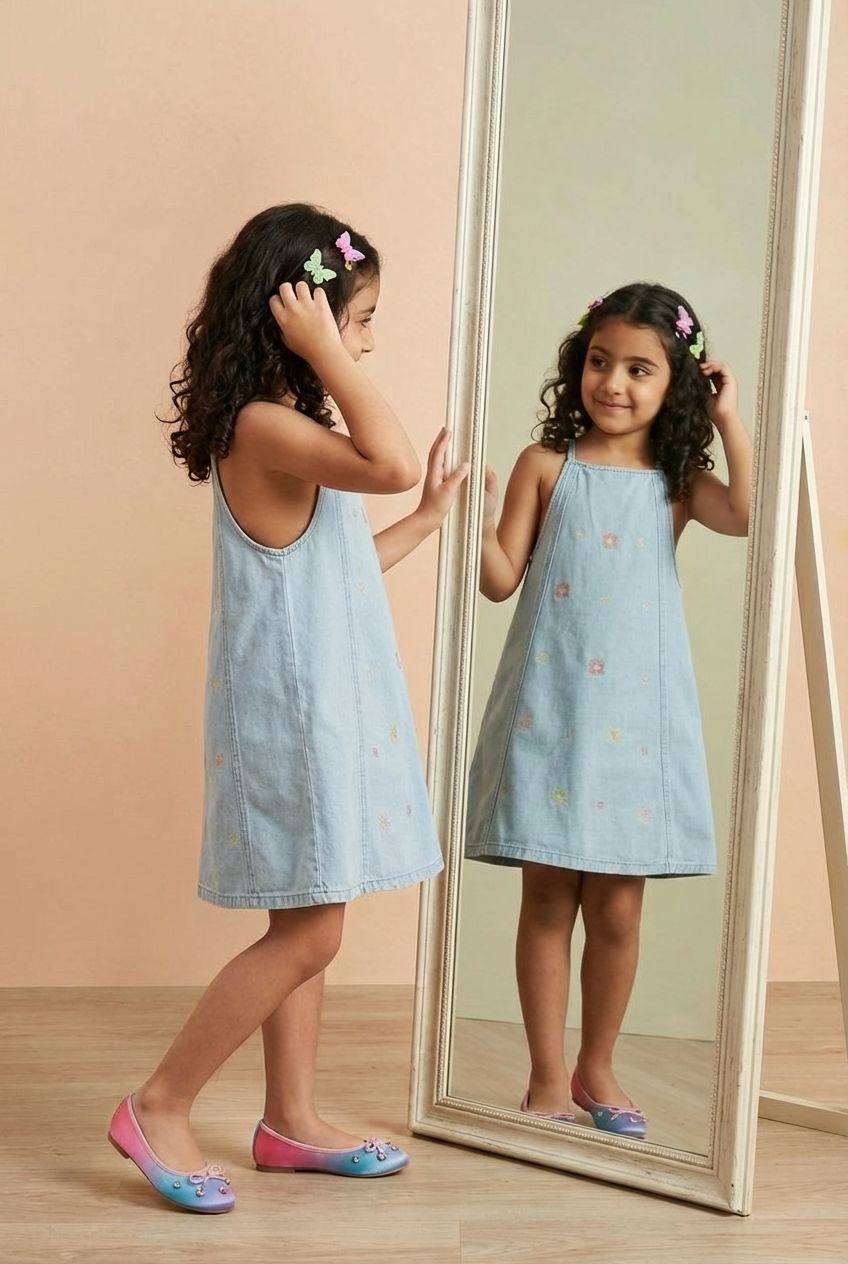 Light Blue Shoulder Straps Sleeves Regular Fit Dresses for Girls - Image 1