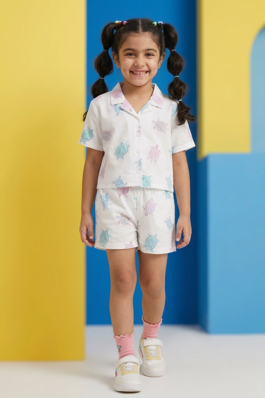 White Tortoise Printed Regular Fit Co-ord Set for Girls - Image 1