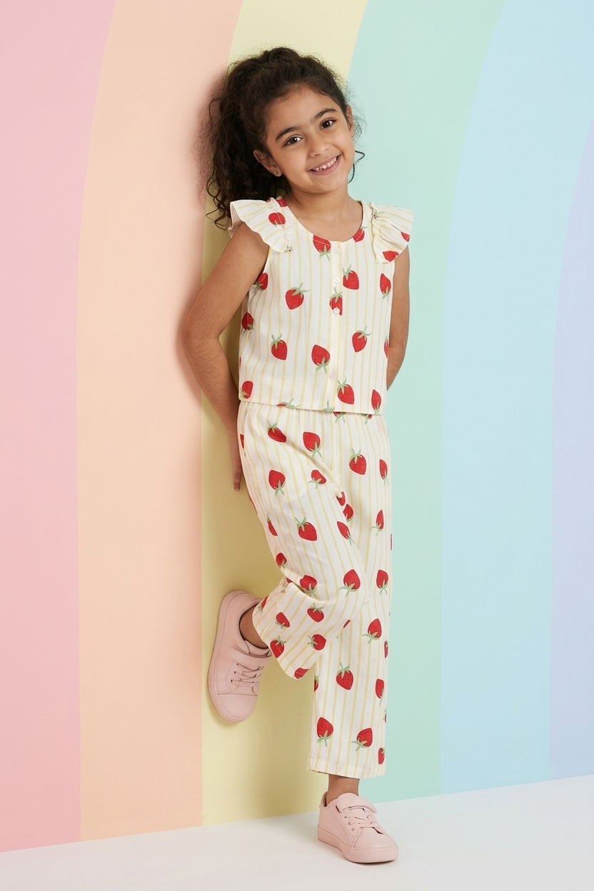 Yellow Strawberry Printed Regular Fit Co-ord Set for Girls - Image 1