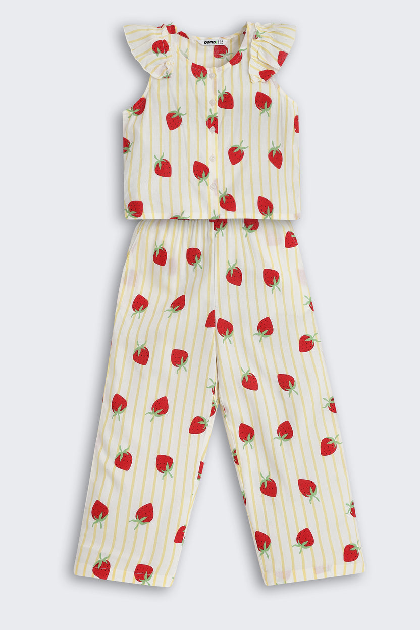 Yellow Strawberry Printed Regular Fit Co-ord Set for Girls - Image 2