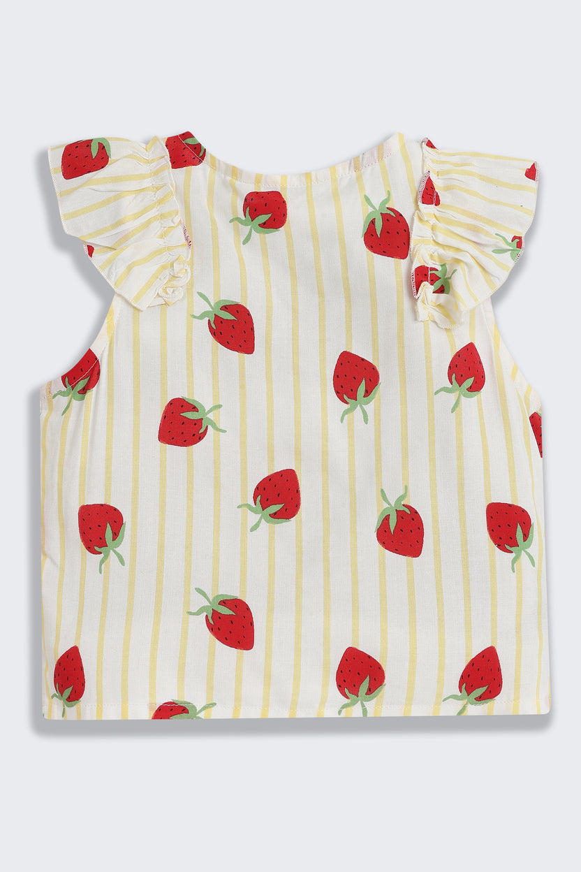 Yellow Strawberry Printed Regular Fit Co-ord Set for Girls - Image 4