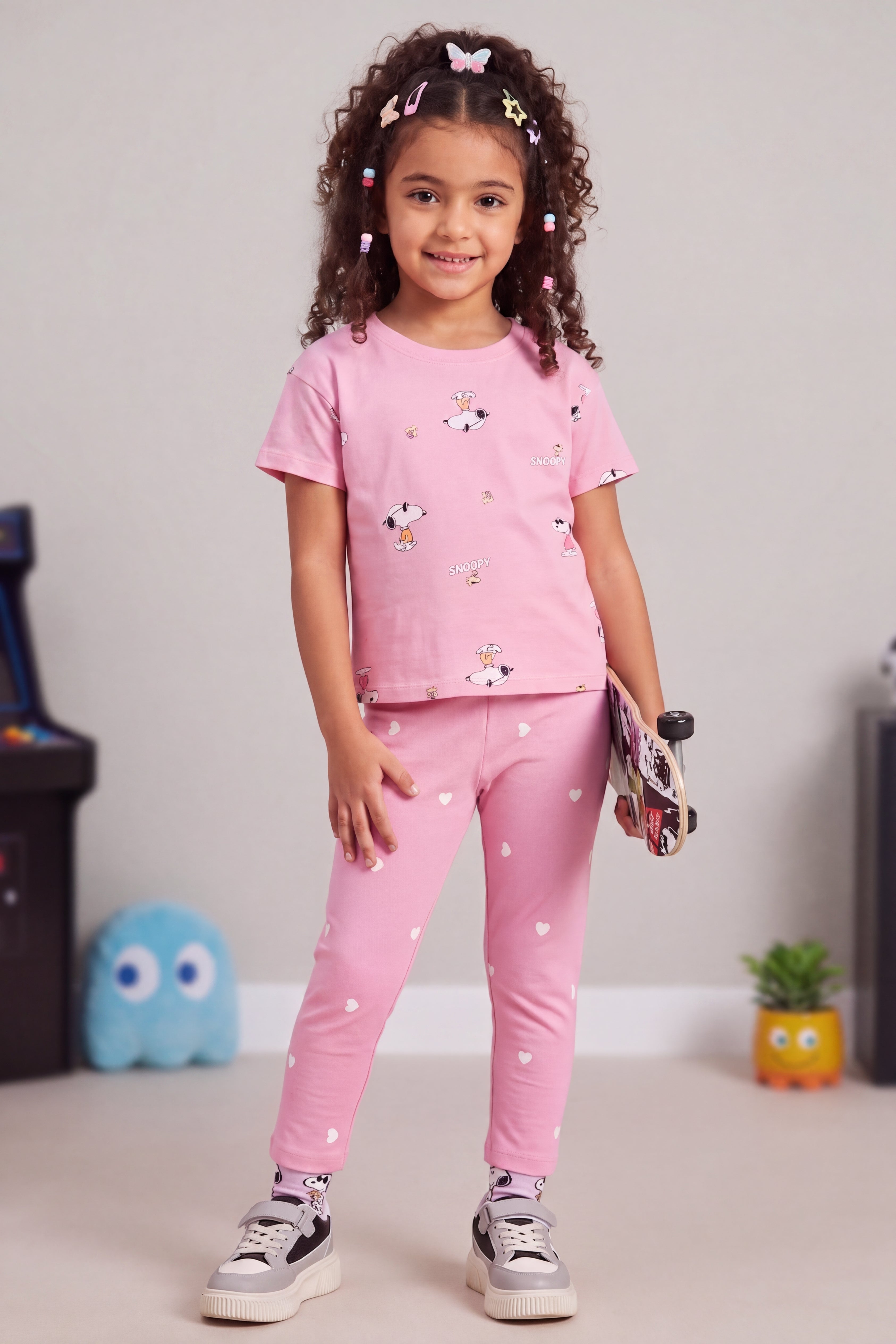 Pink Printed Regular Fit Co-ord Set for Girls - Image 1