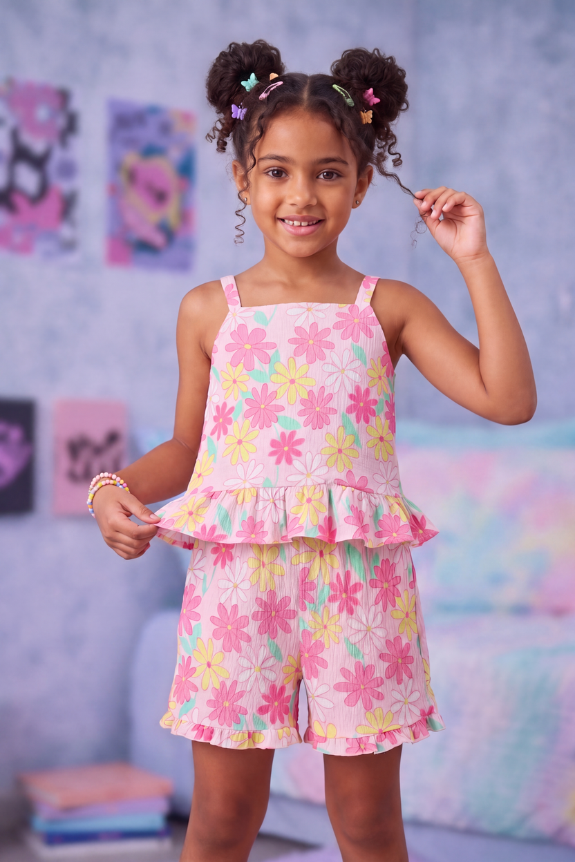 Pink Floral Printed Regular Fit Co-ord Set for Girls - Image 1
