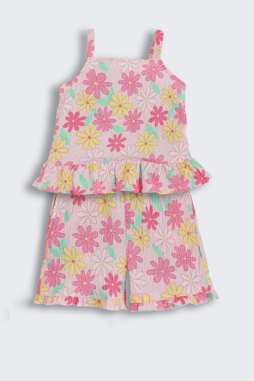 Pink Floral Printed Regular Fit Co-ord Set for Girls - Image 2