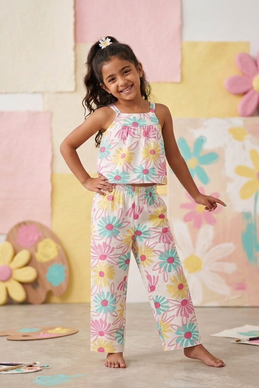 Multi-coloured Floral All - Over Printed Regular Fit Co-ord Set for Girls - Image 1