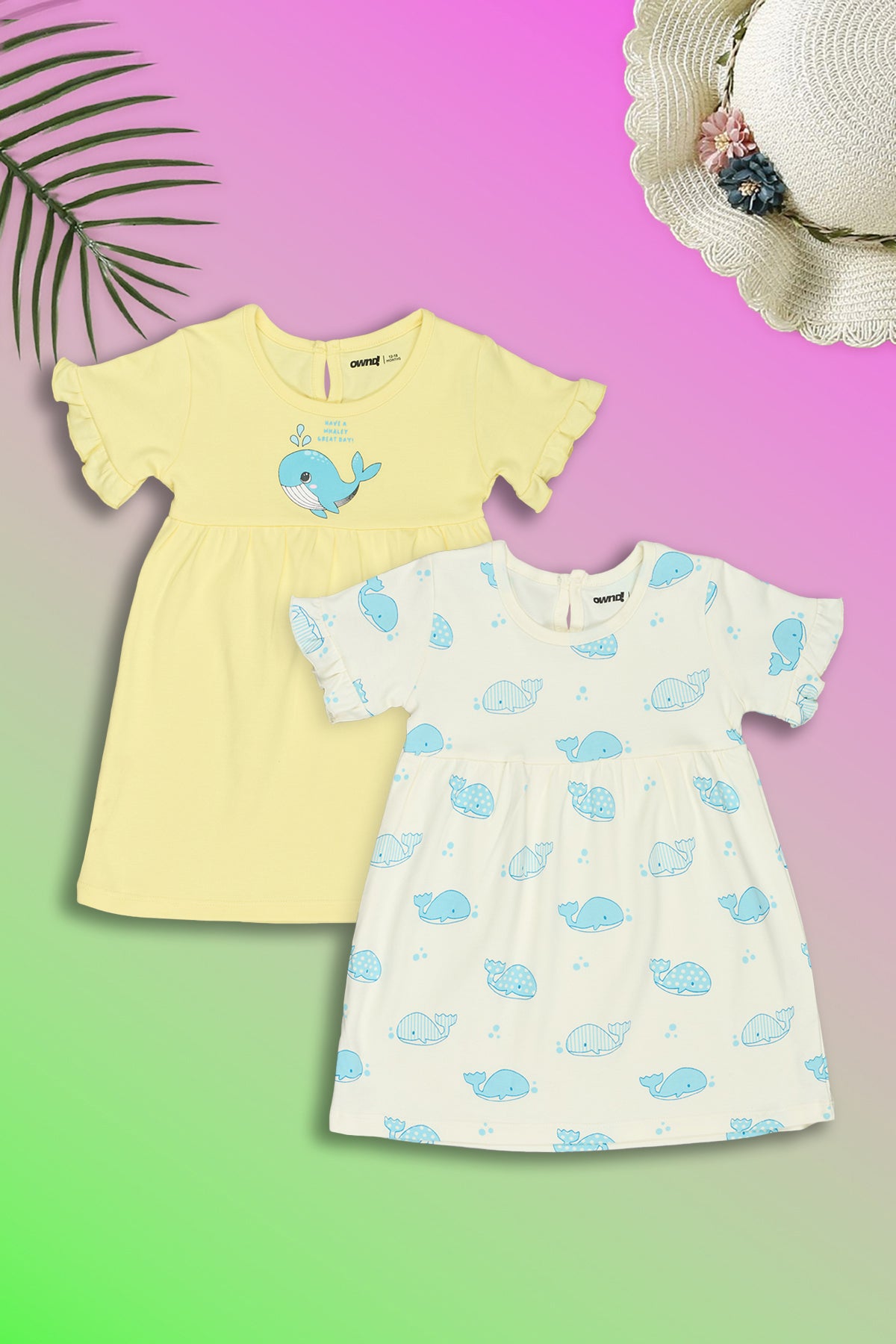 Yellow Fish Printed Regular Fit Dress - Pack of 2 for Infant Girls - Image 1
