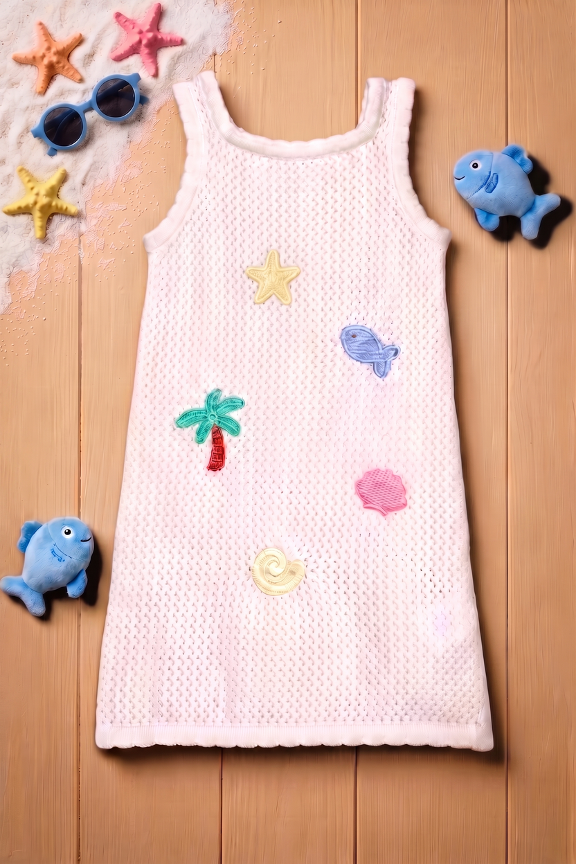 Off White Sef Life Self Design Regular Fit Dress for Infant Girls - Image 1