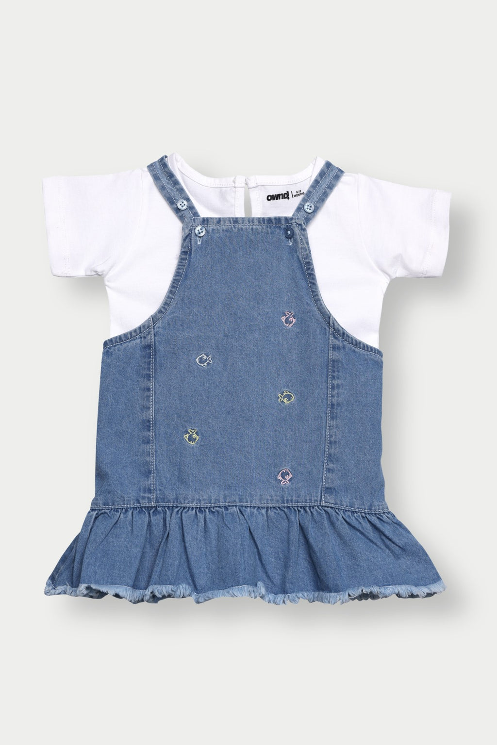 Blue Fish Printed Regular Fit Dungaree with T-Shirt for Infant Girls - Image 1