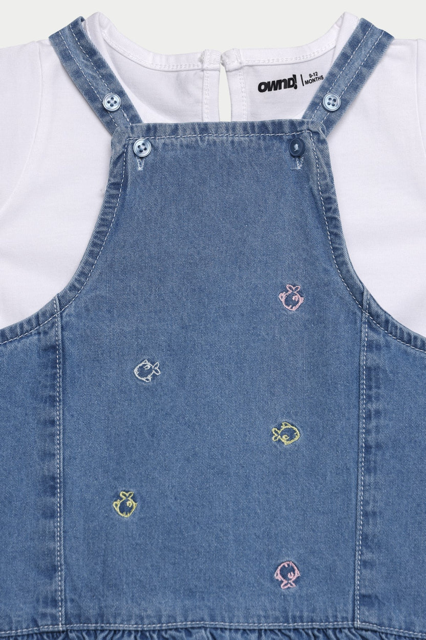 Blue Fish Printed Regular Fit Dungaree with T-Shirt for Infant Girls - Image 3