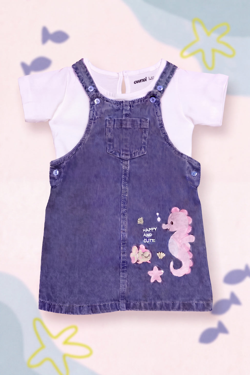 Navy Embroidered Regular Fit Dungarees With T-Shirt for Infant Girls - Image 1