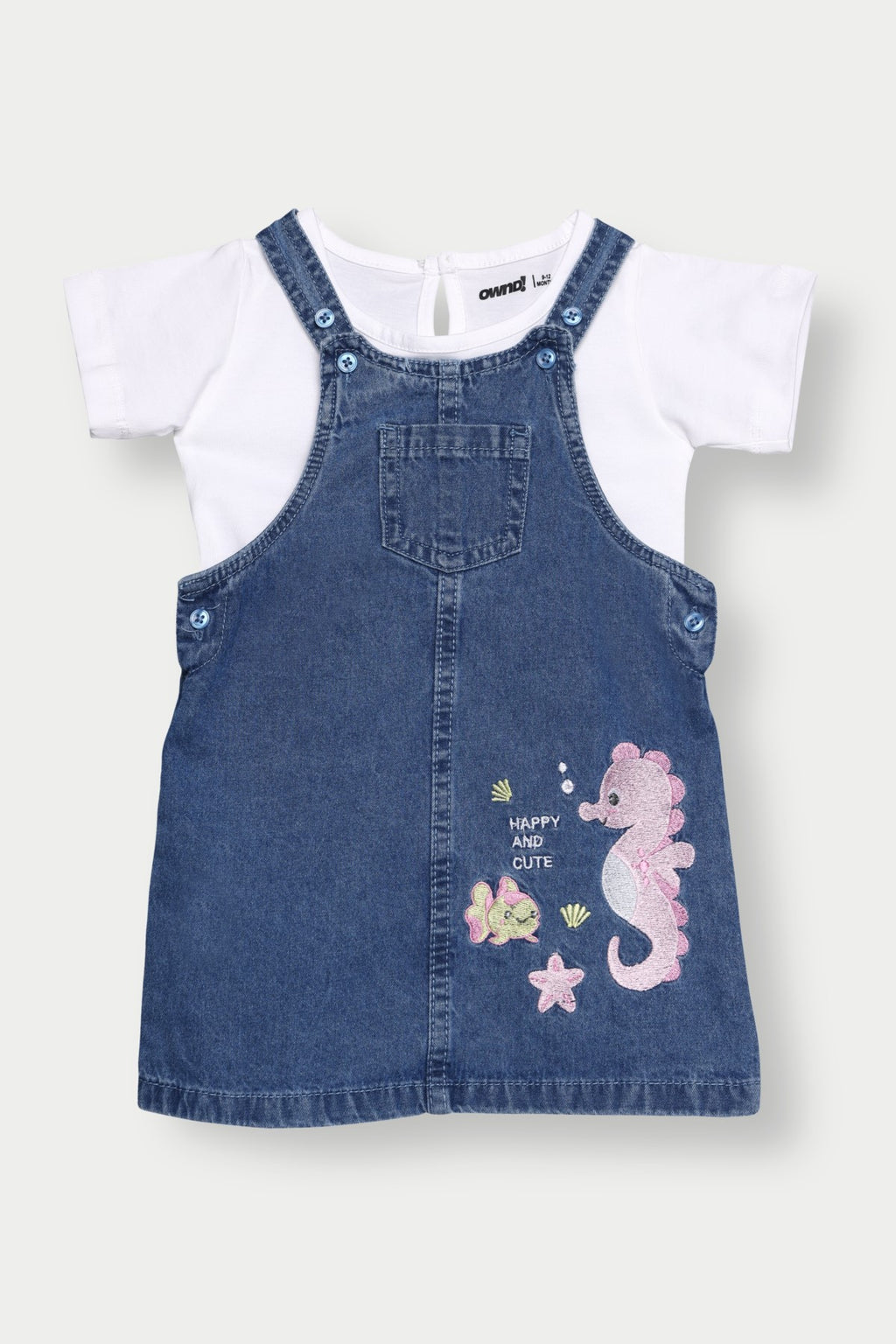 Navy Embroidered Regular Fit Dungarees With T-Shirt for Infant Girls - Image 2