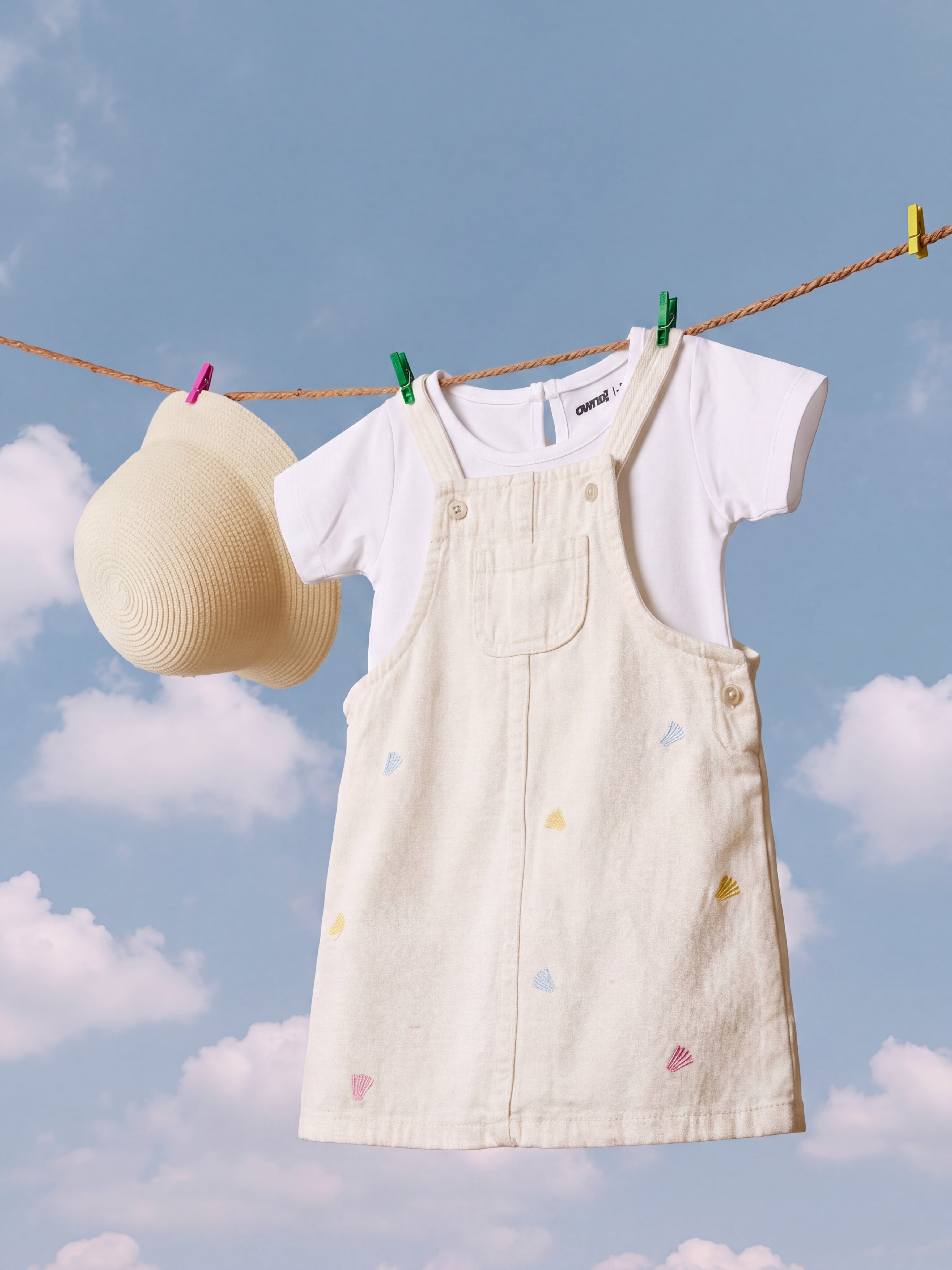White Embroidered Regular Fit Dungaree with T-Shirt for Infant Girls - Image 1