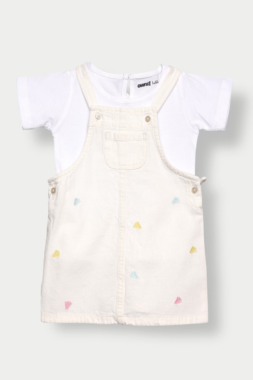 White Embroidered Regular Fit Dungaree with T-Shirt For Infant Girls - Image 2