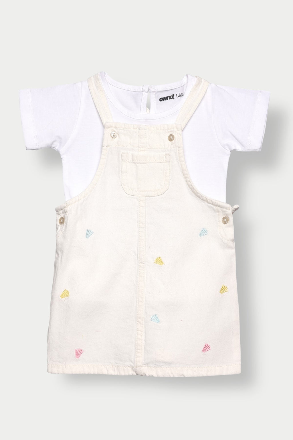 White Embroidered Regular Fit Dungaree with T-Shirt for Infant Girls - Image 2