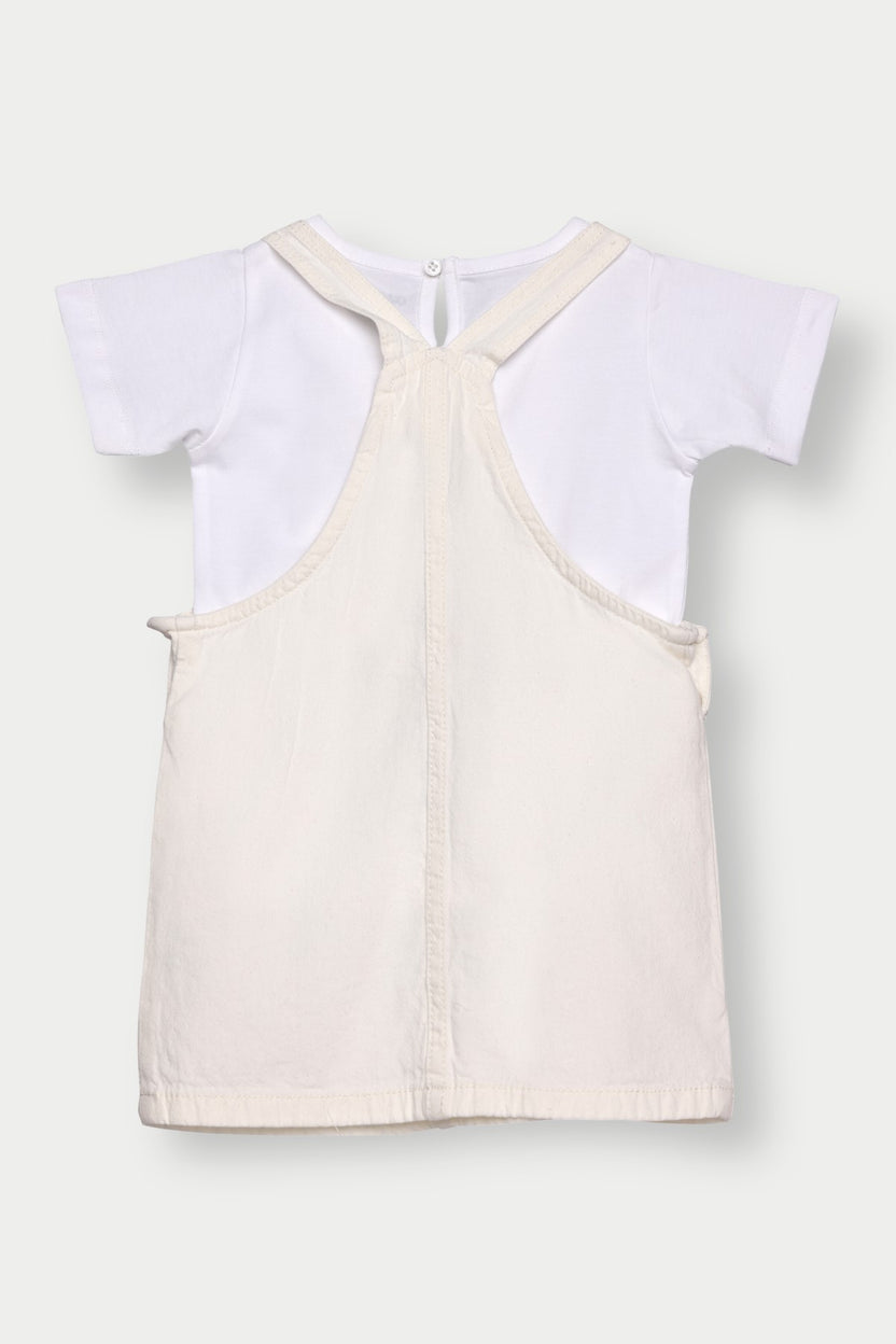 White Embroidered Regular Fit Dungaree with T-Shirt For Infant Girls - Image 3