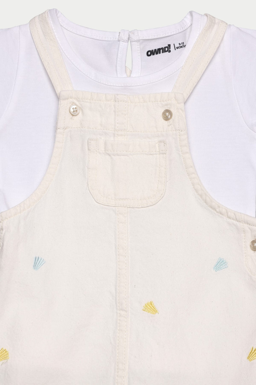 White Embroidered Regular Fit Dungaree with T-Shirt For Infant Girls - Image 4